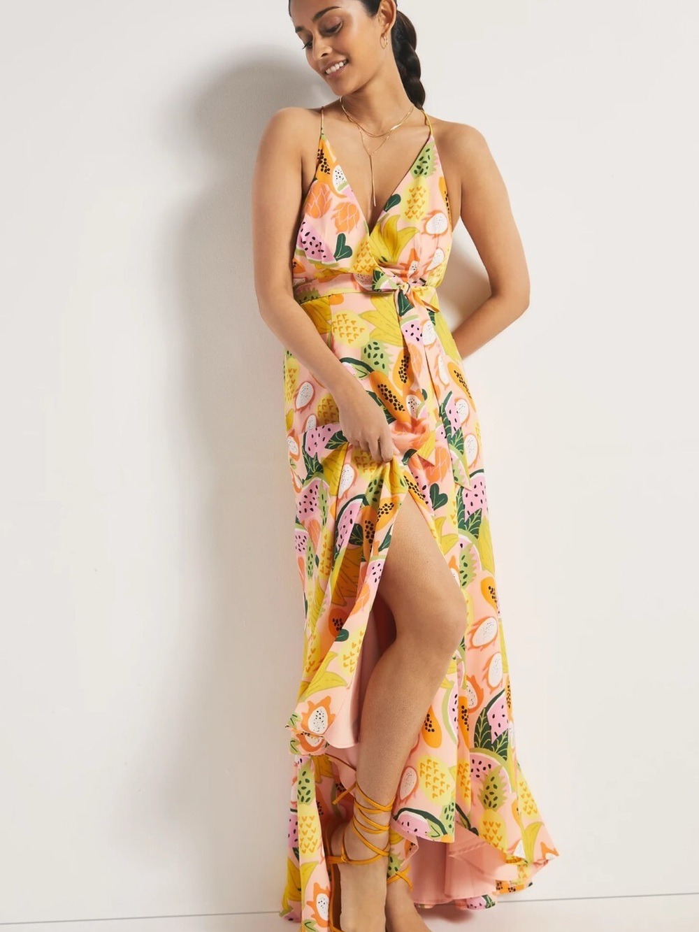 Hutch Anthropologie Pink Tropical Fruit-Print Wrap Maxi Dress - Picture 2 of 2